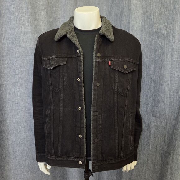 Levi's Men's Trucker Jacket Sherpa Lined Red Tag Reg Fit Black Denim Jean Sz XL - Picture 1 of 15
